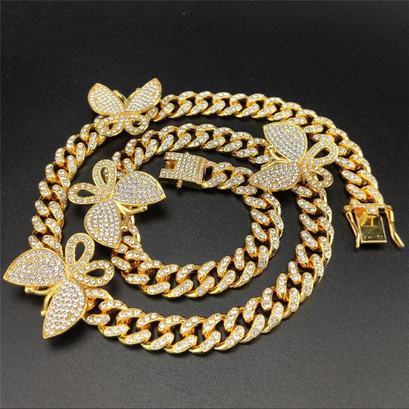 Hip Hop Iced Out Paved Rhinestones 12MM Full Miami Curb Cuban Chain With Butterfly Necklaces For Men Jewelry