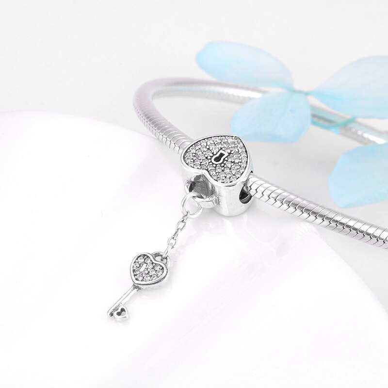 Full Crystal CZ Lock Key Hearts 925 Sterling Silver Charm Beads fit Original European Style Charms Bracelet Jewelry Making