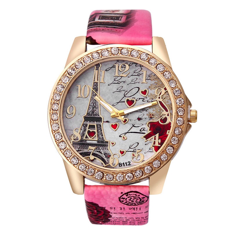 Vintage paris eiffel tower ure luksus læder kvinder quartz ure dame piger dame casual armbåndsure: 159848 lyserøde