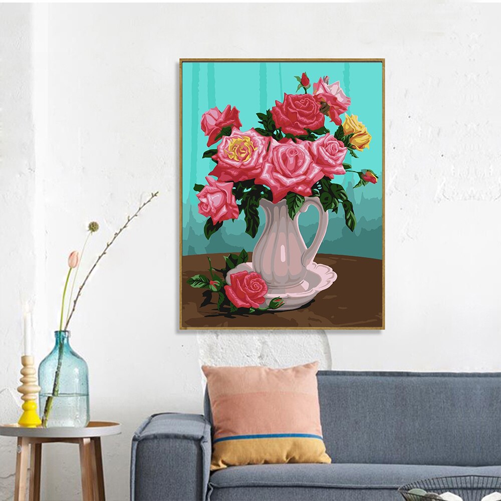 Huacan maling efter tal blomst i vase tegning på lærred håndmalet maleri kunst gør-det-selv billeder efter nummer sæt boligindretning