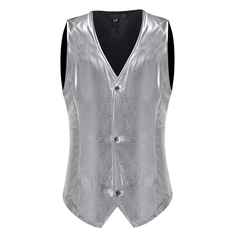 Mens Silver Metallic Coated Suit Vest Brand Slim Fit Single Breasted Suit Vest Waistcoat Men Punk Club Gilet Costume