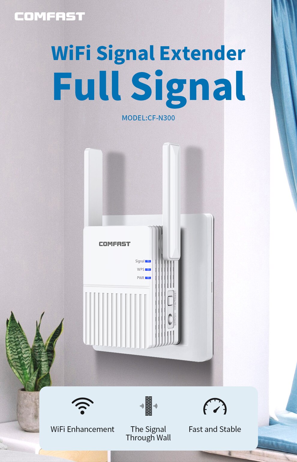 Repetidor wifi de 300mbps para longo alcance, extensor e ampliador de sinal wireless de 2.4ghz