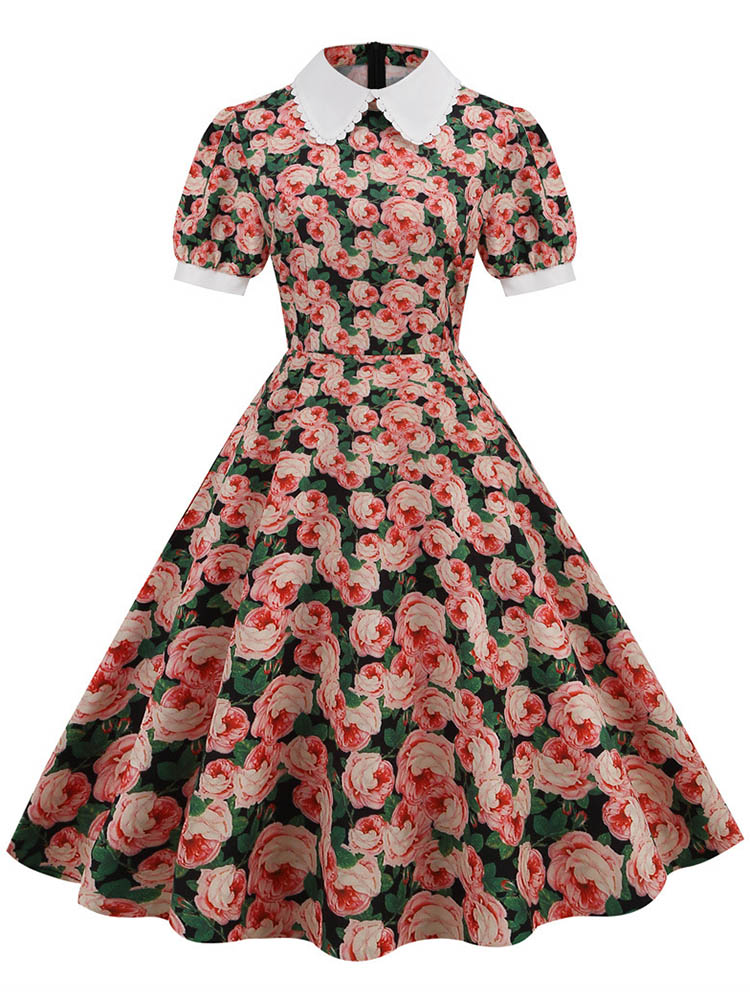 Floral Printed Summer Dress for Women Peter Pan Collar Vintage Midi Sundress Casual Party Dress with Puff Short Sleeves: XL / Yellow