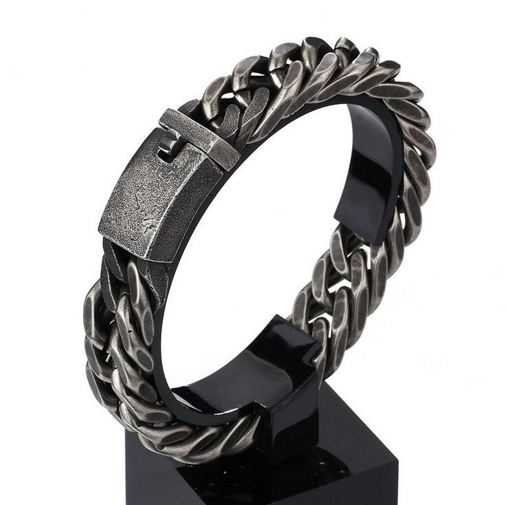 Black 316L Stainless Steel Men Biker Bracelets 12.5mm / 15mm HipHop Punk Rock Vintage Double Link Curb Cuban Chain Bracelet