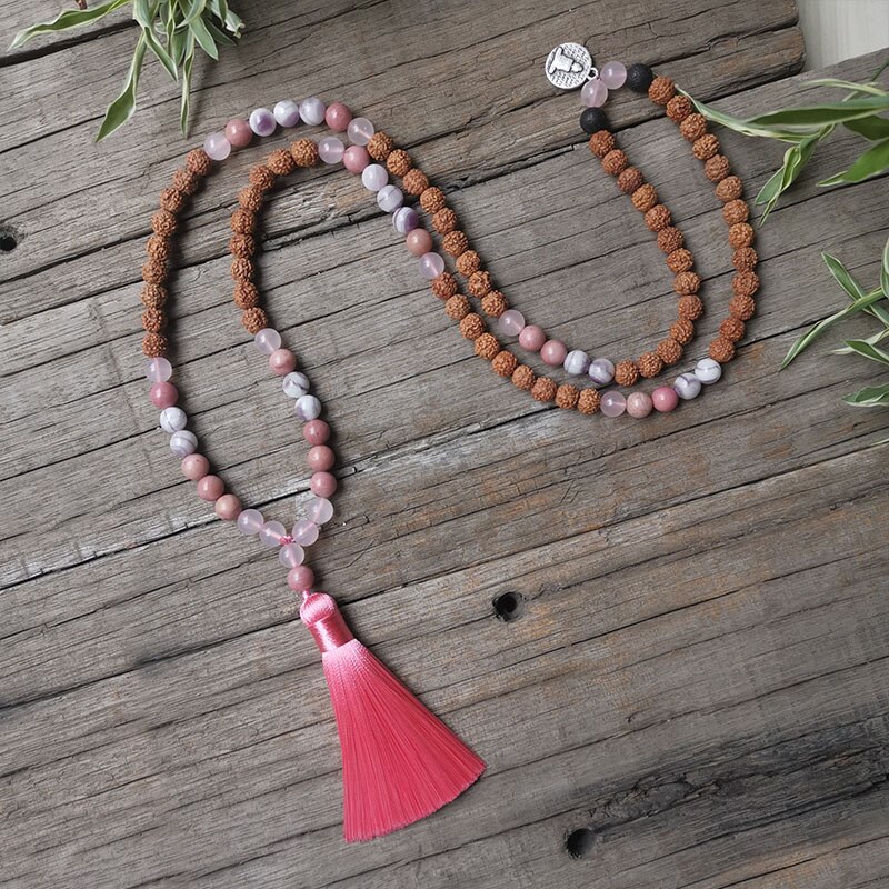 Perles en pierre naturelle 8mm, collier Rudraksha, pendentif bouddha, charmant Bracelet Rhodonite, ensembles JapaMala, spirituel, perles de Mala 108