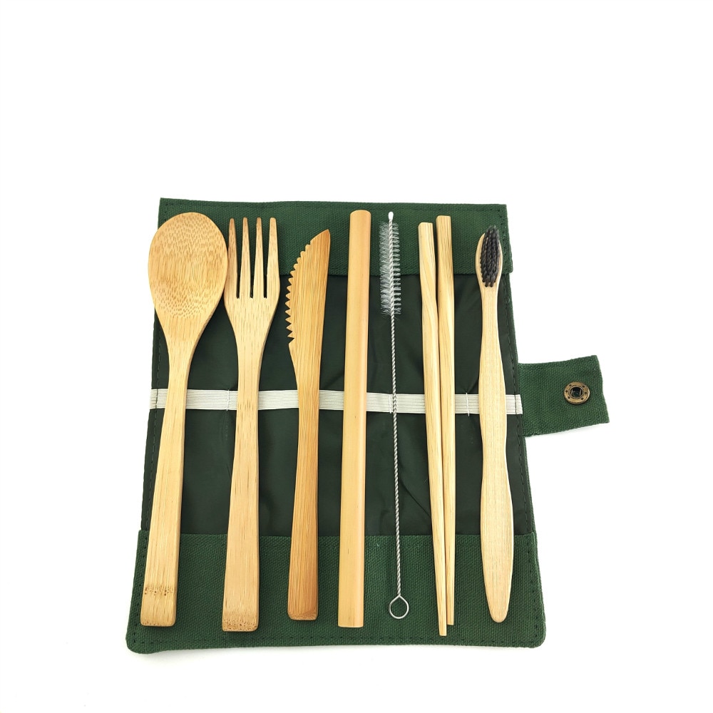 Eco Friendly Bamboo Cutlery Set of Wooden Utensils with Reusable Bamboo Spoon, Fork, Knife,and Reusable Straw Cleaner For Travel