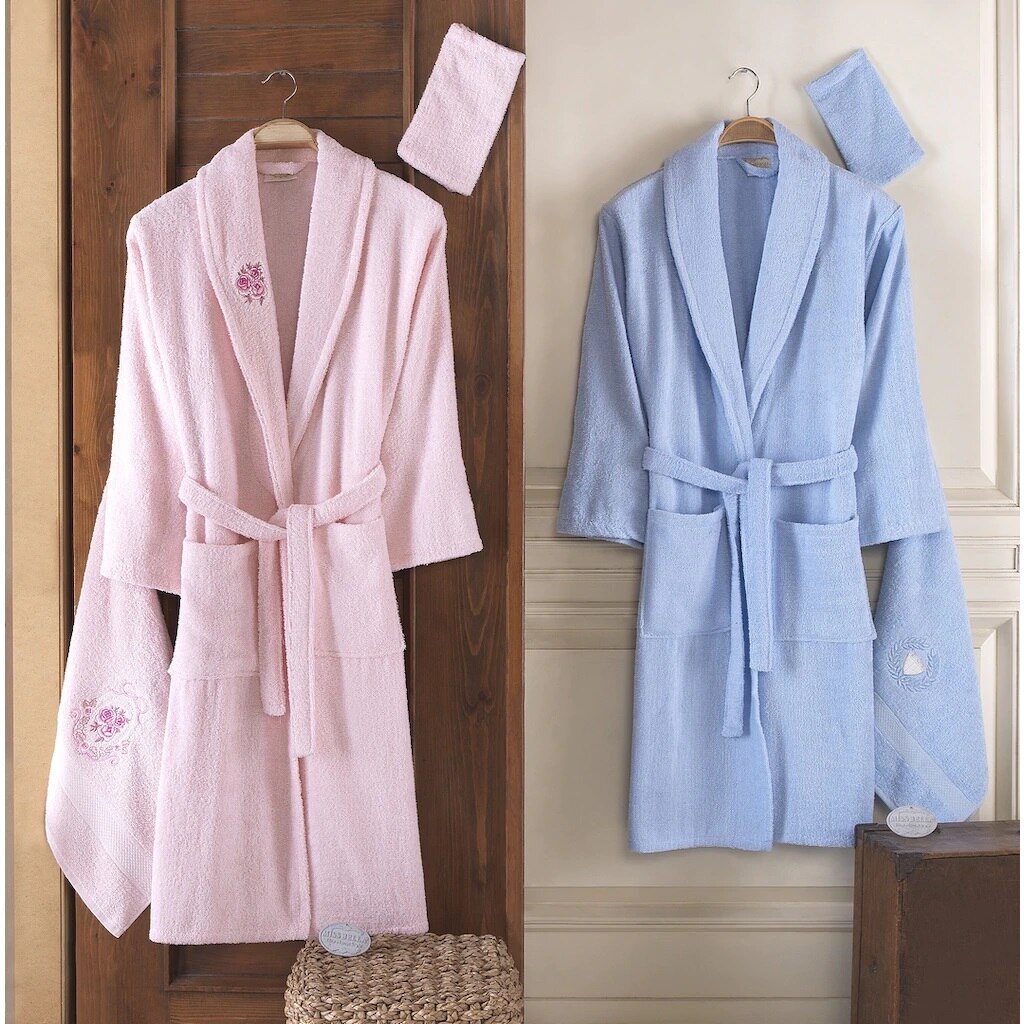 Pamulu 8 Piece Bathrobe Set robe bathrobe Set Family set Dear Set Women &#39;S towel Male towel simple pouch embroidery: Pink