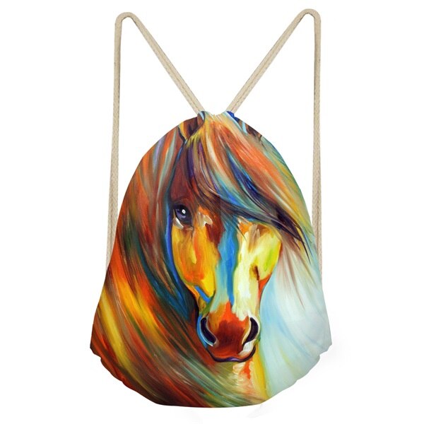 FORUDESIGNS Cool 3D Crazy Horse Print Woman Man Drawstrings Bags Beach Travel Sack Bags Casual Softback Student Backpack: H4168Z3