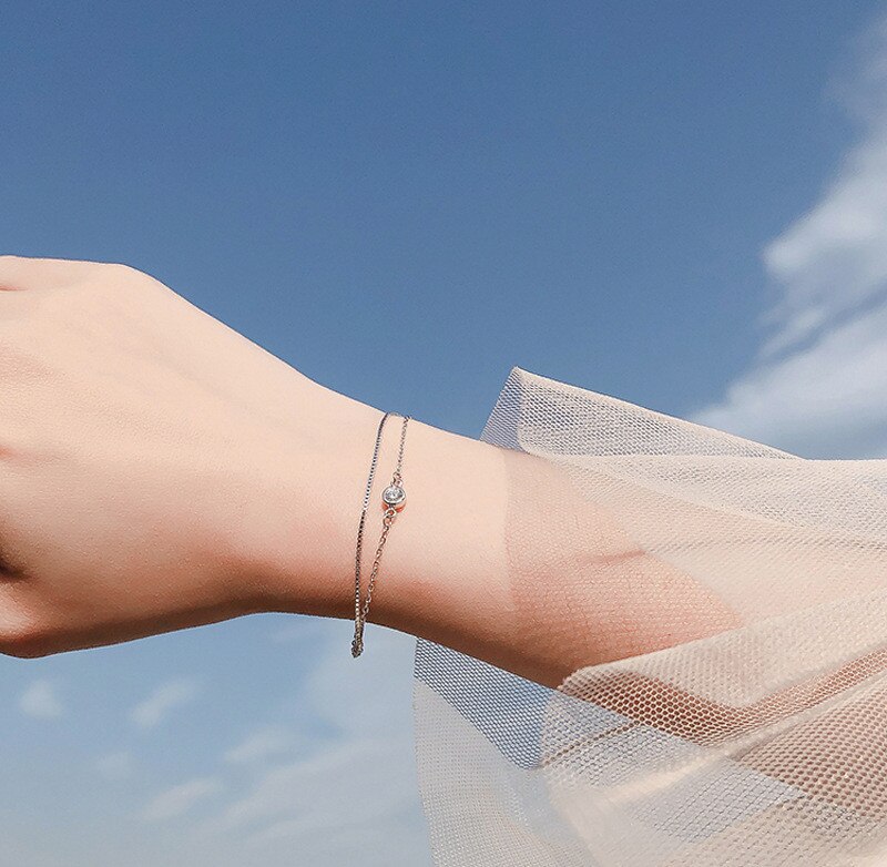 Pulsera de cadena de plata de ley 925 para mujer, brazalete con abalorios de diamantes redondos de doble capa, joyería para mujer