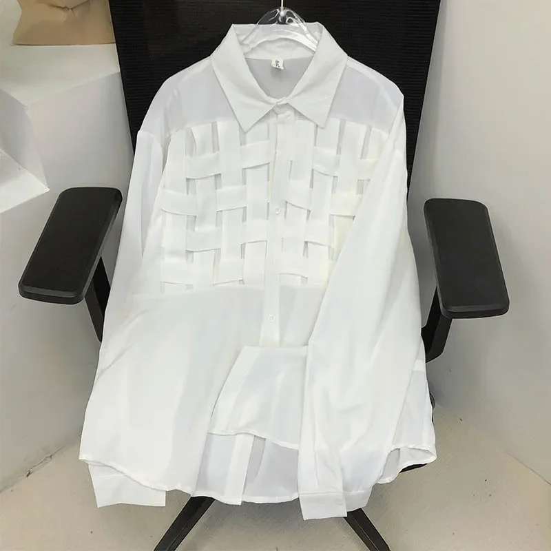 EBAIHUI, camisas lisas con agujeros para mujer, solapa, manga larga, cintura suelta, blusa de retales a la , camisa informal de poliéster para mujer 2024