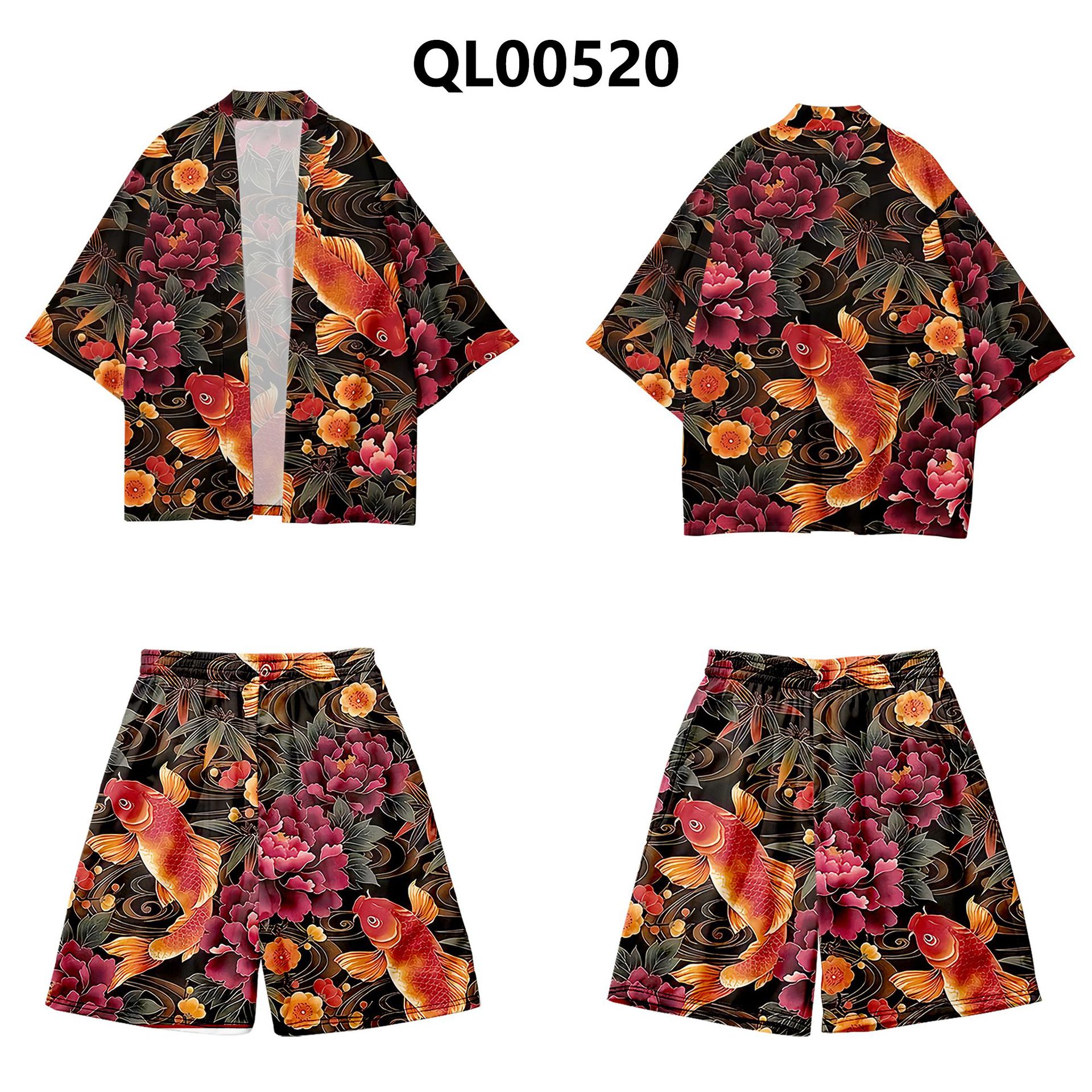 Dwuczęściowy garnitur Yukata japoński tradycyjny sweter kobiety mężczyźni Haori moda kwiat nadruk ryby Harajuku Kimono zestawy z krótkimi spodenkami: QL00520-sets-D / XXXL