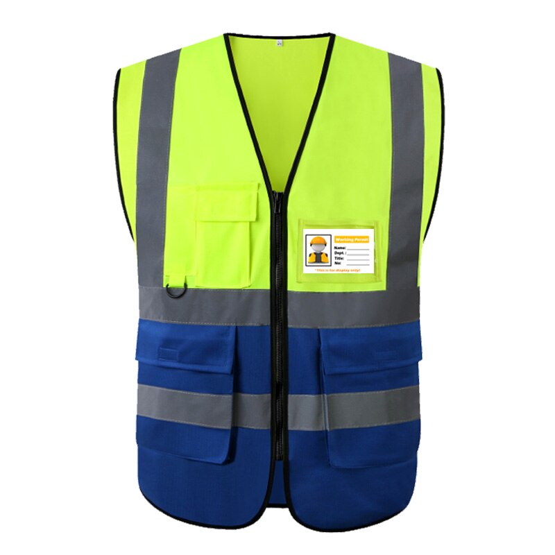 Tofarget gulblå refleksvest med glidelås og lommer hi vis sikkerhetsarbeidsvest for menn og kvinner