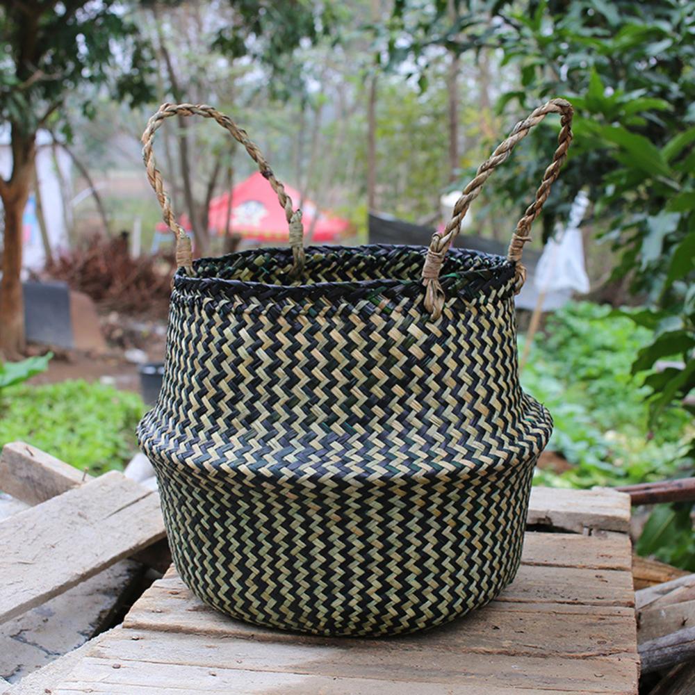 Kleurrijke buik stro opbergmand rotan hangende bloempot vuile kleren opbergmand rotan mand zeegras bloempot: XL / Black