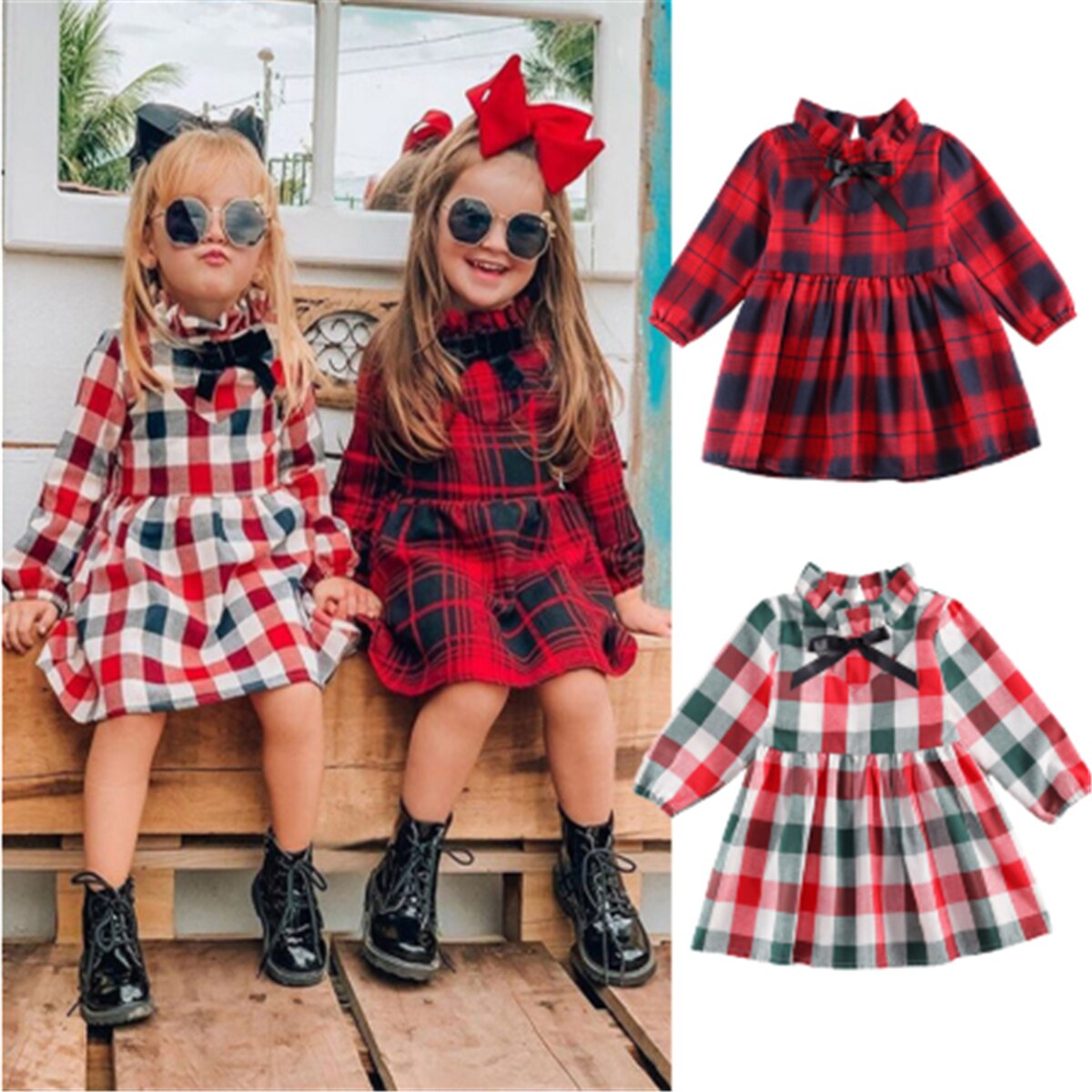 2020 del bambino Delle Ragazze di Natale Infantile Delle Ragazze Dei Capretti del Vestito Plaid Stampa Ruffle Manica Lunga Bowknot di Lunghezza Del Ginocchio di A-Line del Vestito Per I Bambini 0-5Y