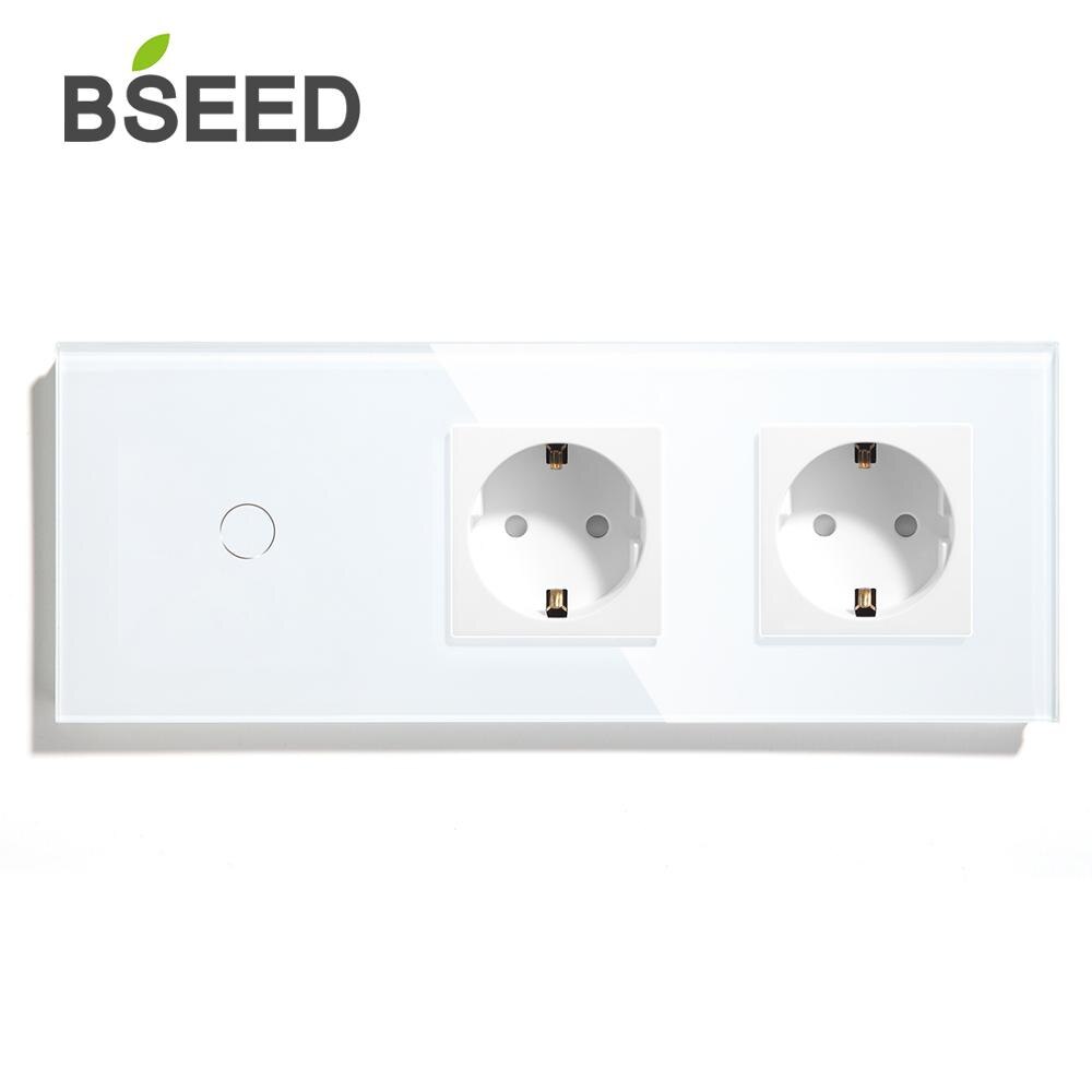 BSEED EU Standard Touch Light Switch 1 Gang 1 Way 2 Way With Wall Socket White Black Gold Wall Switch 228mm Crystal Glass Panel