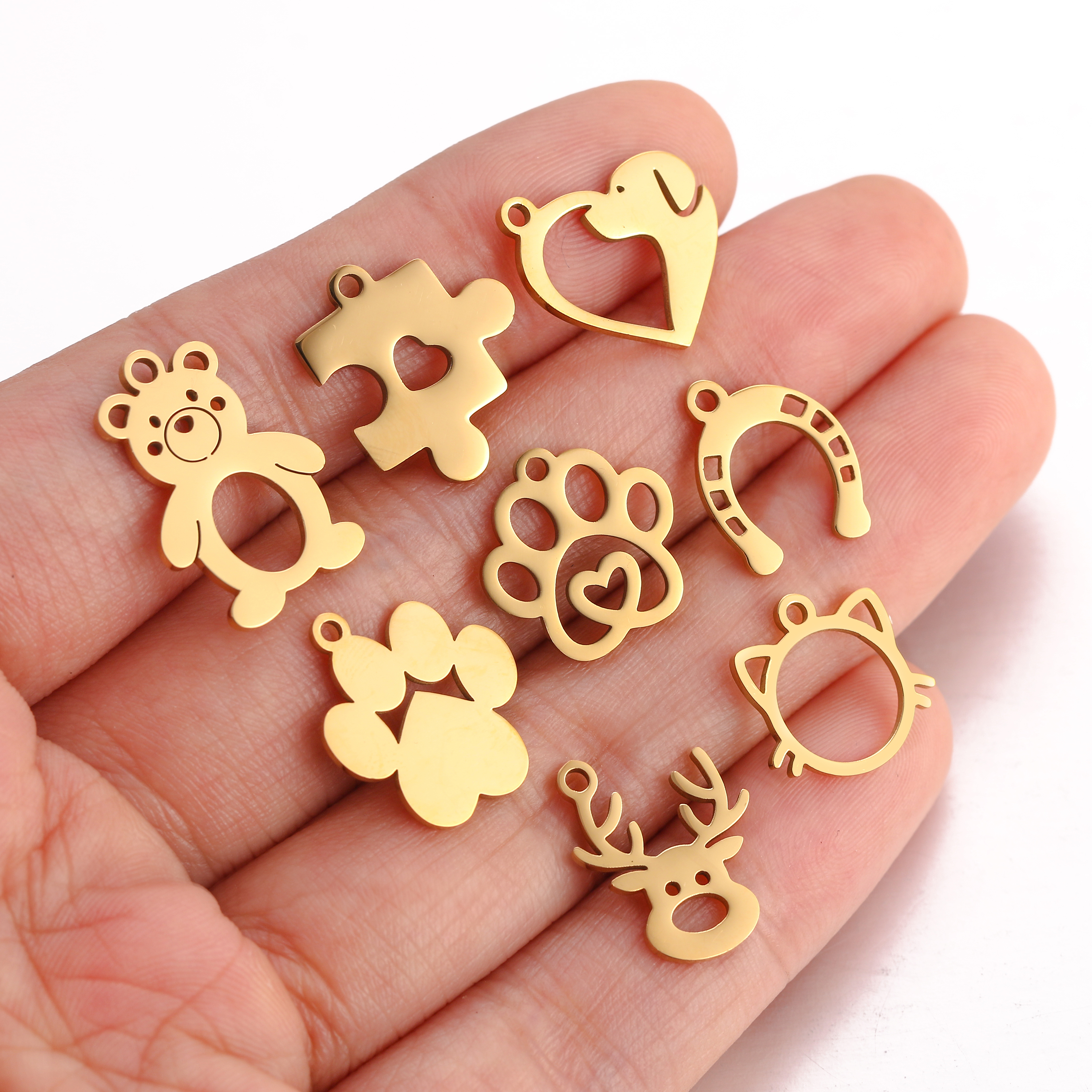 5 unids/lote de dijes con temática de animales, pata de gato/corazón de amor, garra de perro/herradura, colgantes de acero inoxidable, manualidades DIY, suministros para hacer joyas