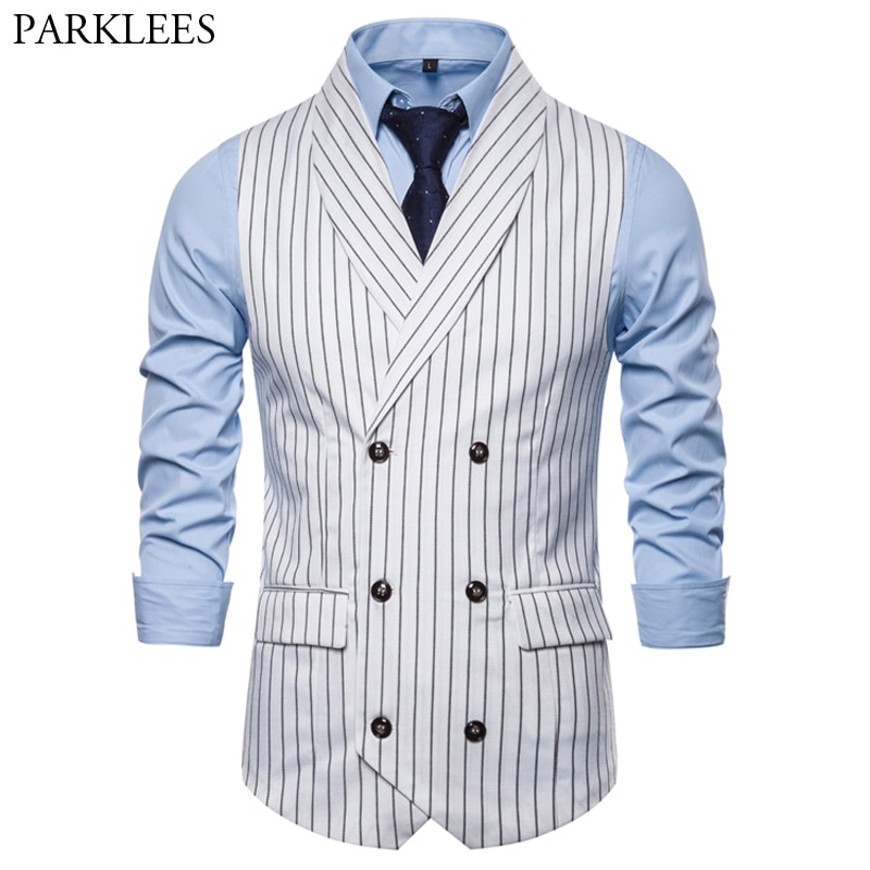 Verticaal gestreept dubbelrijs vest heren sjaalkraag slim fit gilet heren formeel zakelijk bruiloft chaleco hombre