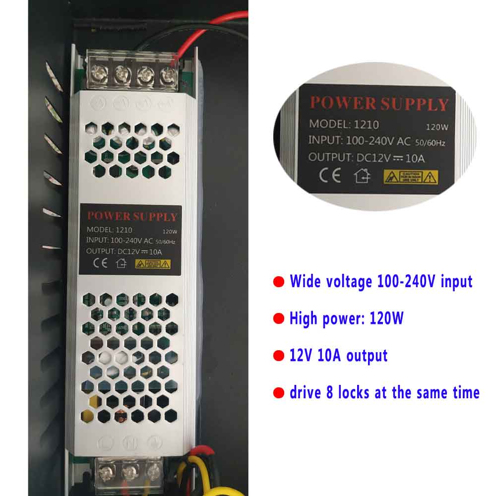 TCP/ip two Door Access Controller 100-240V switch power supply box RFID Wg26 reader and Various access locks exit button