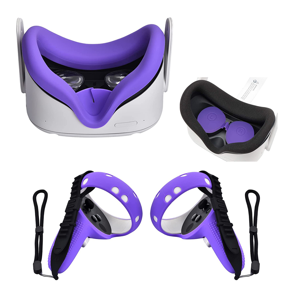 VR Silicone Accessory Kit With Lens Cover Controller Cover For Oculus Quest 2 Eye Pad Touch Grips Hand Strap: Full set Purple