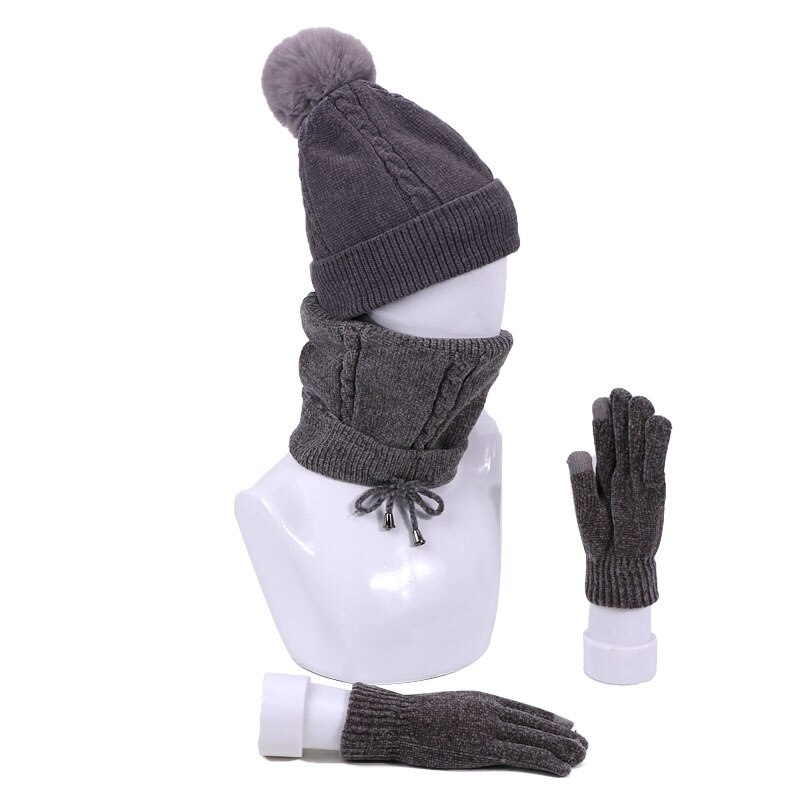 Winter dames muts met pompon, sjaal en handschoenen, warme zachte gebreide outdoor gehaakte skimuts met dikke voering, chenille zachte mutsset: D