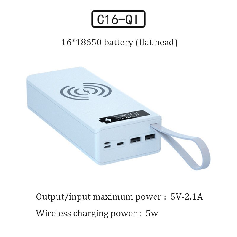 Caja de cargador de batería desmontable de 16x18650, carcasa de Banco de energía artesanal, soporte de carga rápida e inalámbrica, funda de Banco de energía sin batería: Narmal Wireless Whit