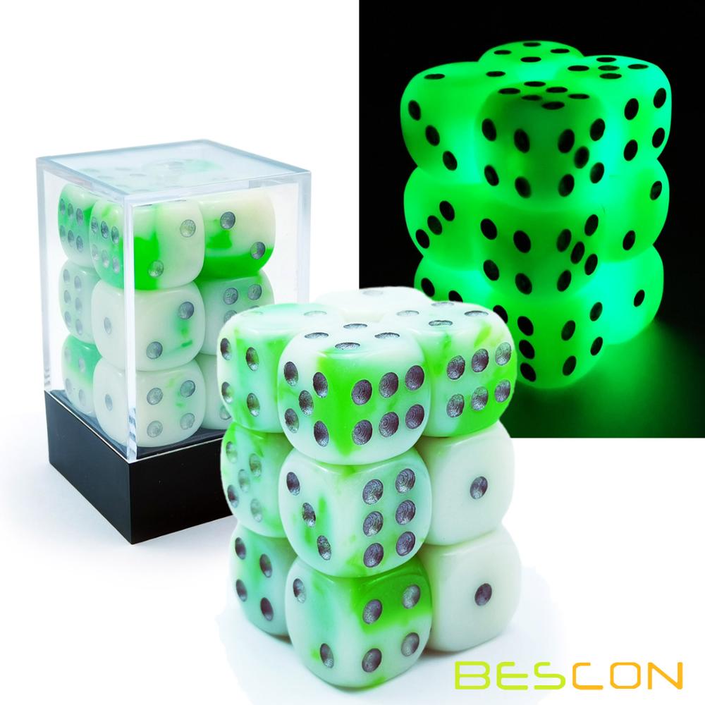 Bescon Twee Tone Glowing Dice D6 16 Mm 12 Stuks Set Lichtgevende Jade, 16 Mm Zes Zijdige Sterven (12) Blok Van Glowing Dice