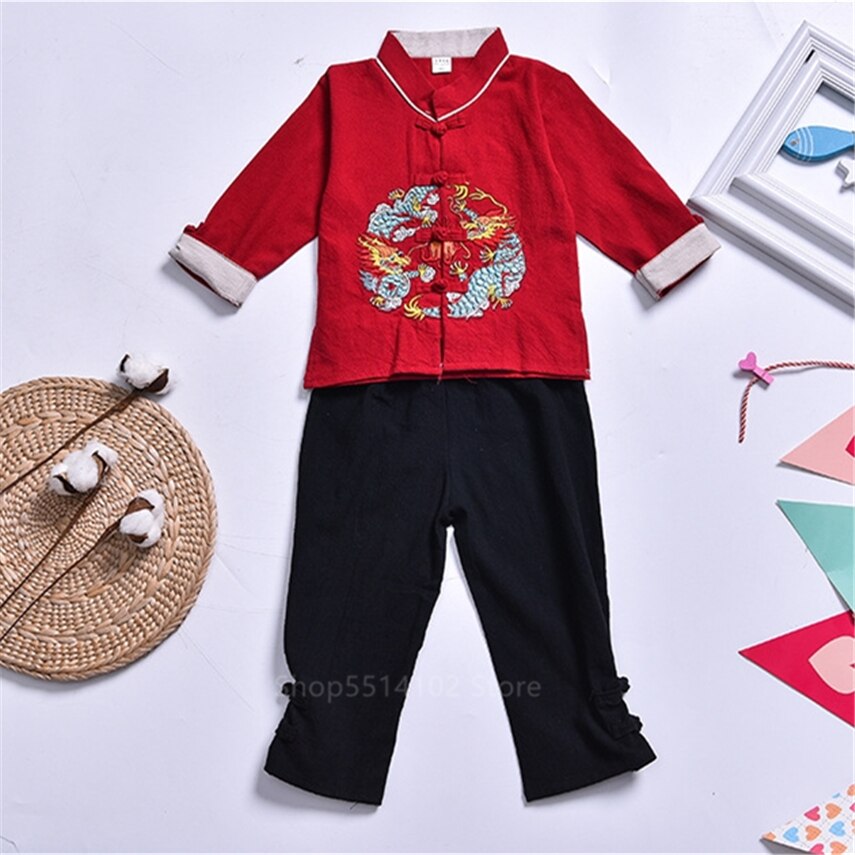 Chinese traditionele hanfu draak borduurwerk kinderen tang pak blouse jongen kungfu kleding meisje chinese top broek kind vintage feest