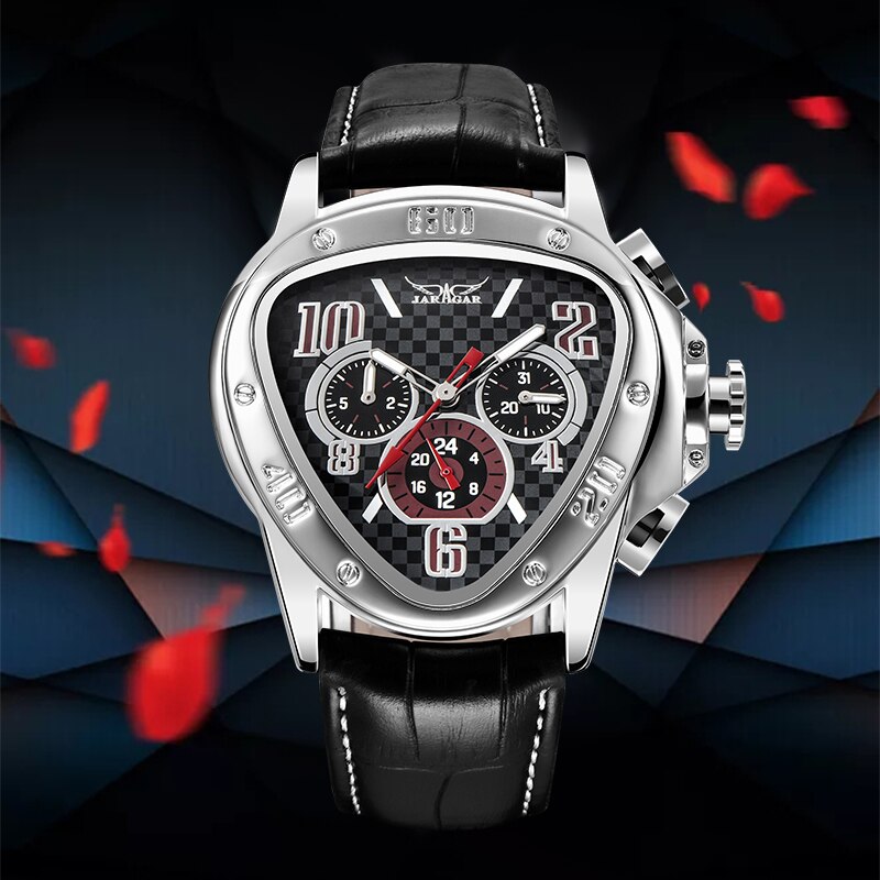 Jaragar-reloj mecánico automático para hombre, cronógrafo con correa de cuero, esfera triangular única, deportivo, Masculino