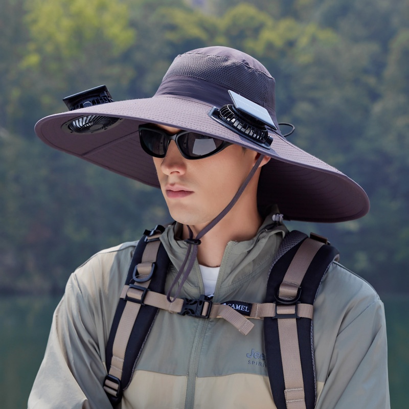 Sombrero de verano con doble ventilador con energía solar para senderismo al aire libre, pesca, sombrero con sombrilla, sombrero de pescador impermeable de secado rápido con alero grande: múltiple
