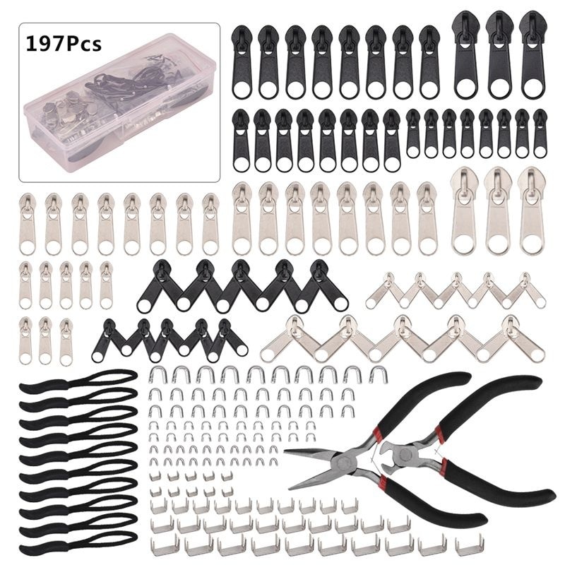 197Pcs Rits Vervanging Hoofd Rits Reparatie Kit Universal Instant Fix Vervanging Zip Slider Gereedschap Voor Rits Accessoires