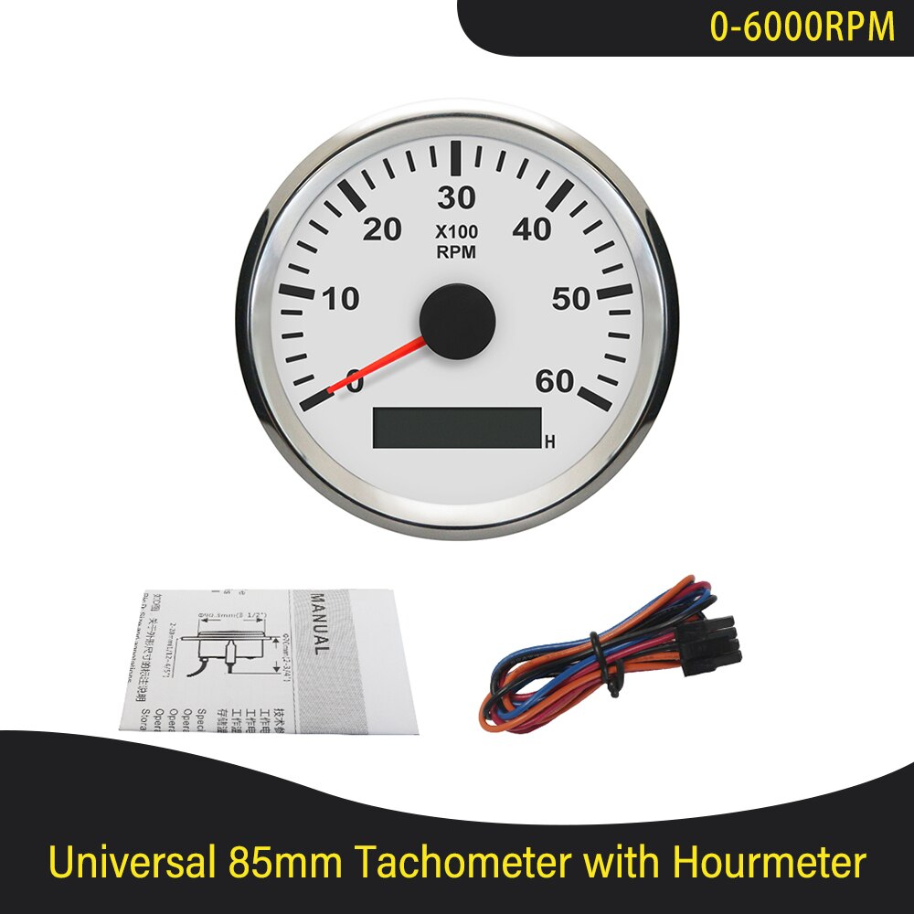 85mm Diesel Engine Tachometer with Digital Hourmeter 3K 4K 6K 7K 8K RPM for Marine Car Truck 9-32V with Red Backlight 12V 24V: 6K-WS
