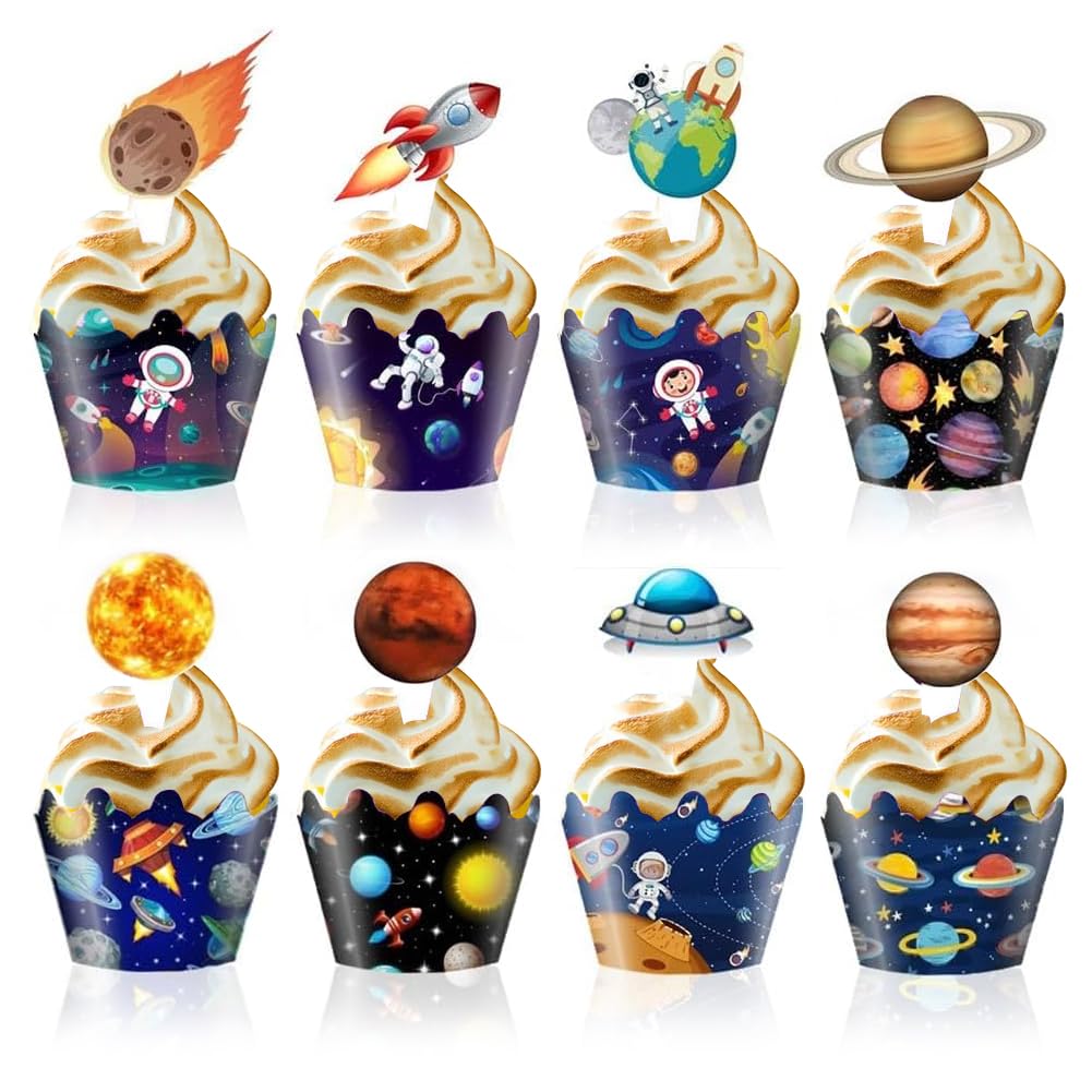 Ytre Rom Cupcake Toppers og Wrappers Romtema Fest Cupcake Dekorasjoner for Barnebursdag Babyshower Fest