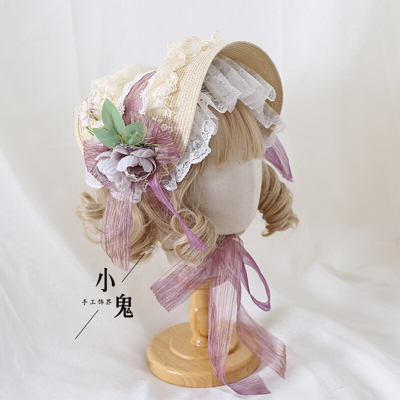 Multi-Color Lolita Flower Flat Hat Top Hat Flower Wedding Tea Party Pastoral Straw Hat Lace Han Yang Eclectic Summer: Champagne