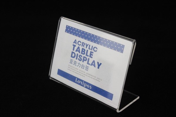 Gennemsigtigt l akrylskilt display papir kort bord label holdere l stande bord label holder