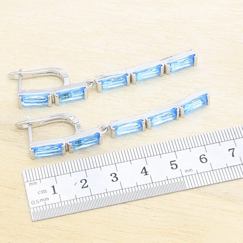 Sky Blue Halfedelstenen Sieraden Sets Voor Vrouwen Armband Lange Oorbellen Ringen Ketting Hanger Box