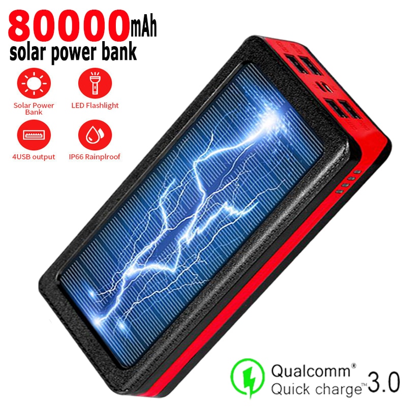80000Mah Solar Power Bank Draagbare Lading Grote Capaciteit 4usB Snel Opladen Outdoor Reizen Externe Batterij Powerbank Voor Xiaomi