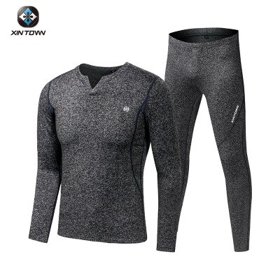 Winter Herfst Skiën Thermisch Ondergoed Fietsen v-hals Lange Mouw Fitness Pak Mannen Dikker Fleece XINTOWN mannen Ski Warmer set: S / V neck gray - male