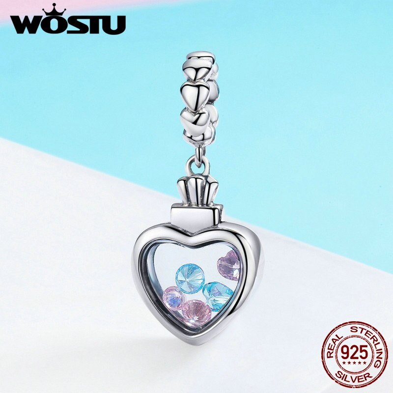 Wostu authentic 925 prata esterlina cor redonda cz pedra dentro da caixa de memória coração pingente apto para feminino pulseira colar cqc588