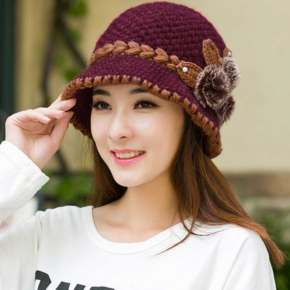 Women Lady Winter Warm Crochet Knitted Flowers Decorated Ears Hat Winter Knitted Thick Warm Cap Retro Hat#40: Hot Pink