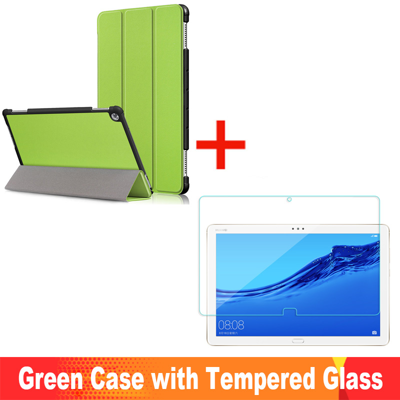 Para Huawei MediaPad M5 Lite funda 10 BAH2-W19/L09/W09 Ultra delgada Pu cuero Smart Stand cubierta para media Pad M5 Lite 10,1": Green Case add Glass