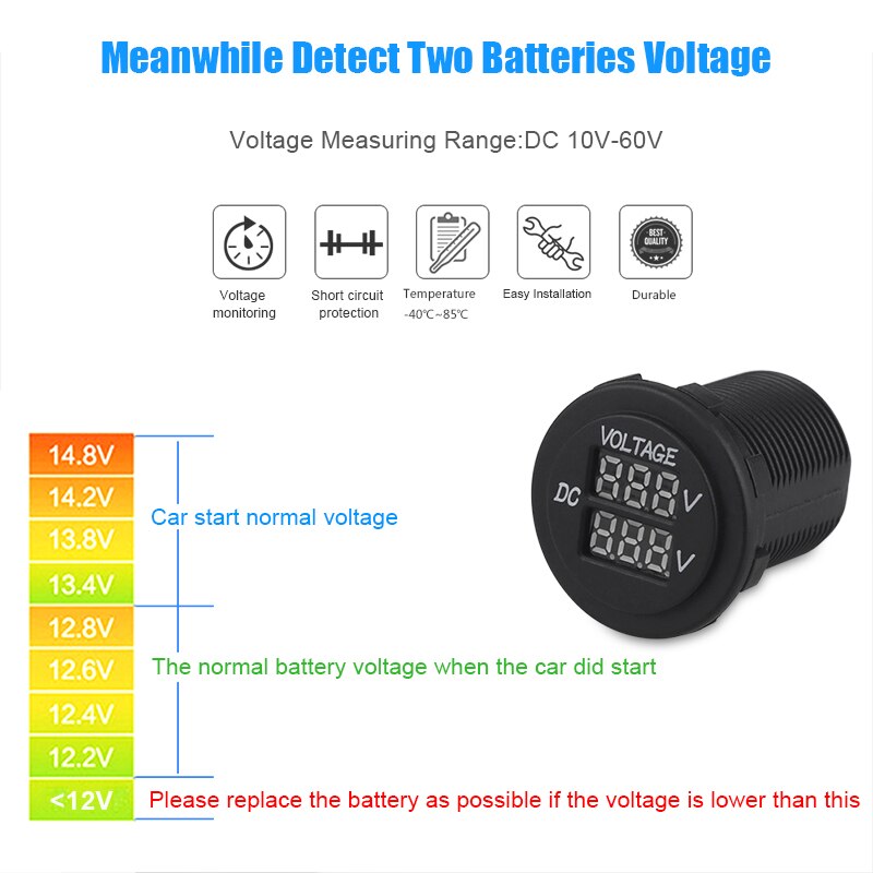 Led Digitale Dual Voltmeter Voor Motorfiets Auto Boot Aux Belangrijkste Spanningsmeter Battery Monitor Panel Auto Ronde Voltmeter Tester