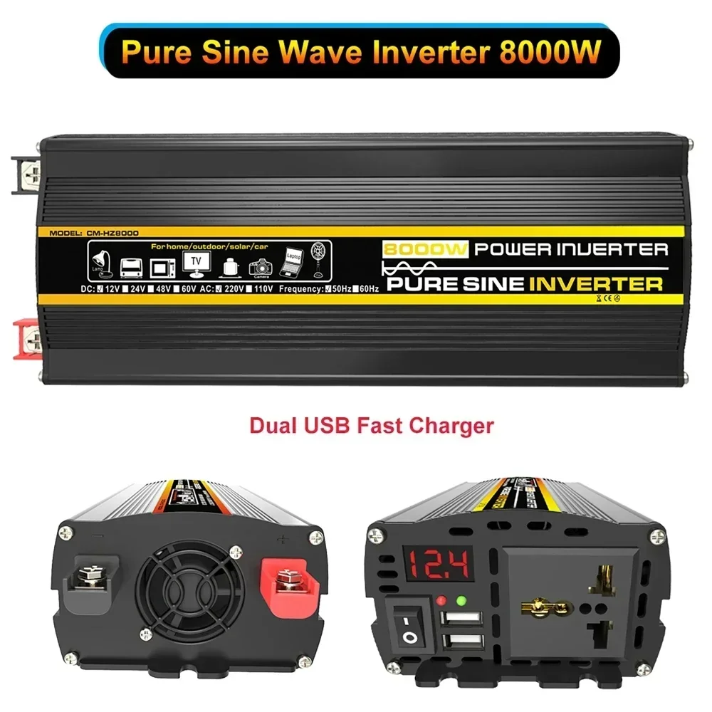 DC12V zu AC 220V Konverter Reine Sinus Welle Energie Wandler 3000W-8000W Spannung Transformator Intelligente Digital Anzeige Auto Hause