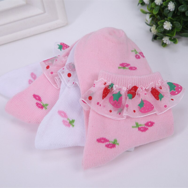 1 Pair Spring Autumn Girls Socks Cherry Strawberry Cotton Lace Kids Socks 3-12 Year Children Socks For Girls