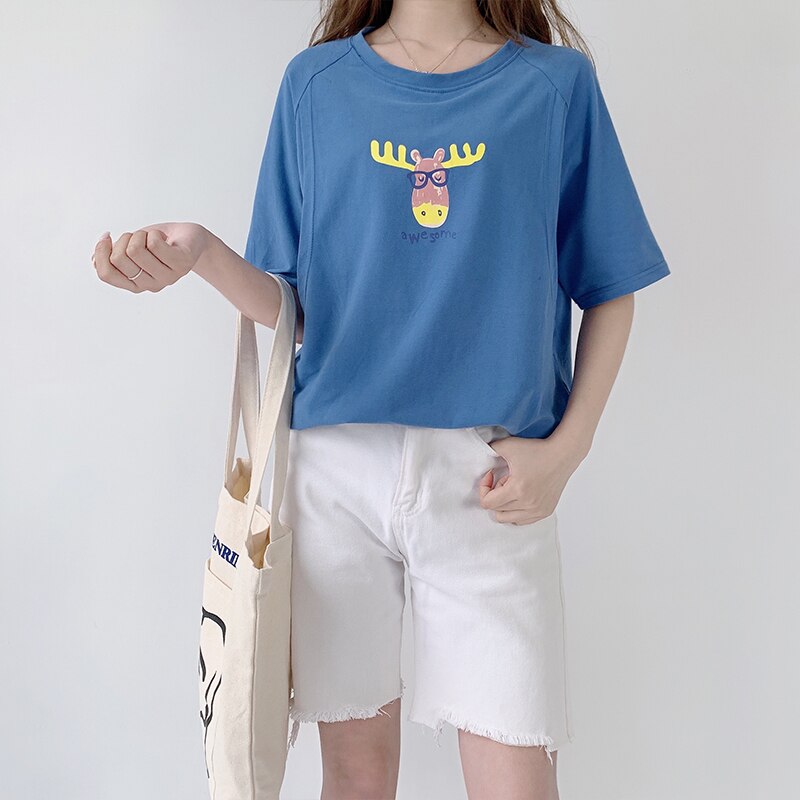 Patrón de cervatillo azul de Enfermería de algodón camiseta de talla grande ropa de maternidad posparto ropa talla grande maternidad camisetas embarazada 9179