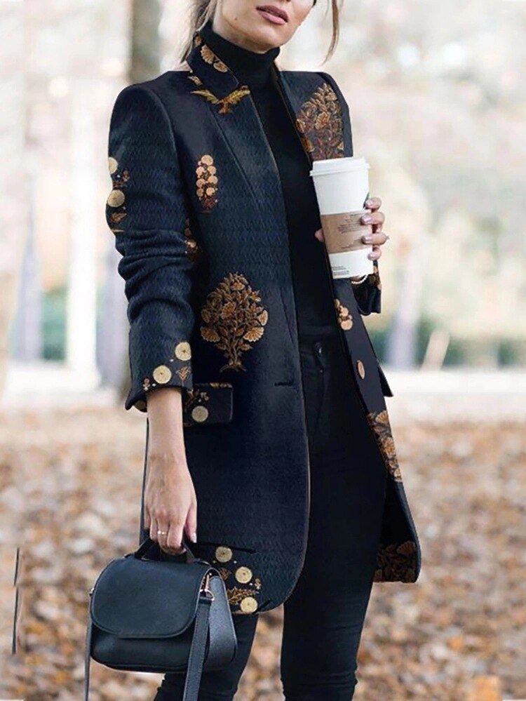 Vrouwen Herfst Winter Gedrukt Office Blazer Jas Vrouwelijke Vintage Turn-Down Kraag Jassen Dames Elegante Lange Pak Jassen