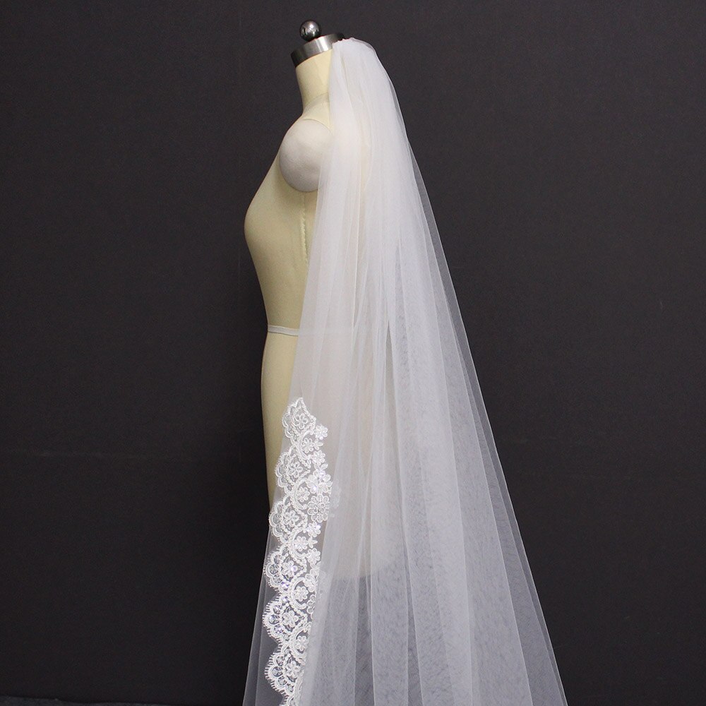 Velo de novia largo con borde de encaje parcial, lentejuelas y purpurina, 3 m unidades , con peine, color blanco marfil, 300cm velos de novia largos, accesorios de boda