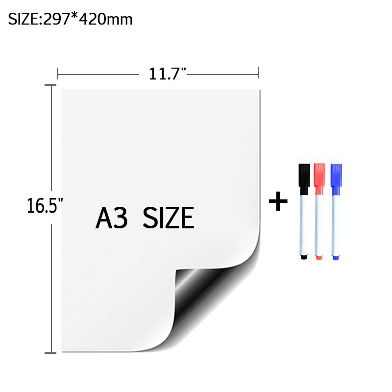 A3Size Magnetische Zachte Whiteboard Dry Erase Board Kalender Magneet White Board Pen Bericht Memo Tekening Schrijven Muursticker: A3-3Pen