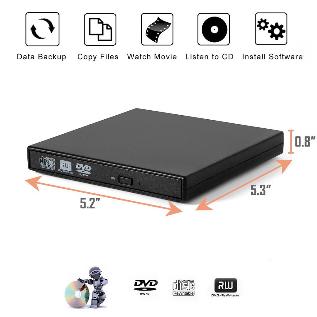USB 2.0 Cd Player External CD ROM Player Optical Drive CD RW Burner Reader Writer Laptops PC Windows 7/8/10