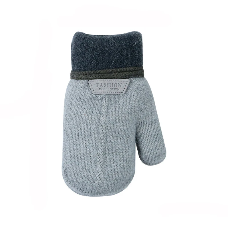 Children's Gloves Winter Solid Thicken Plus Velvet Halter Gloves For Kids Toddler Outdoor Keep Warm Knitted Mittens With Rope: Blue / M