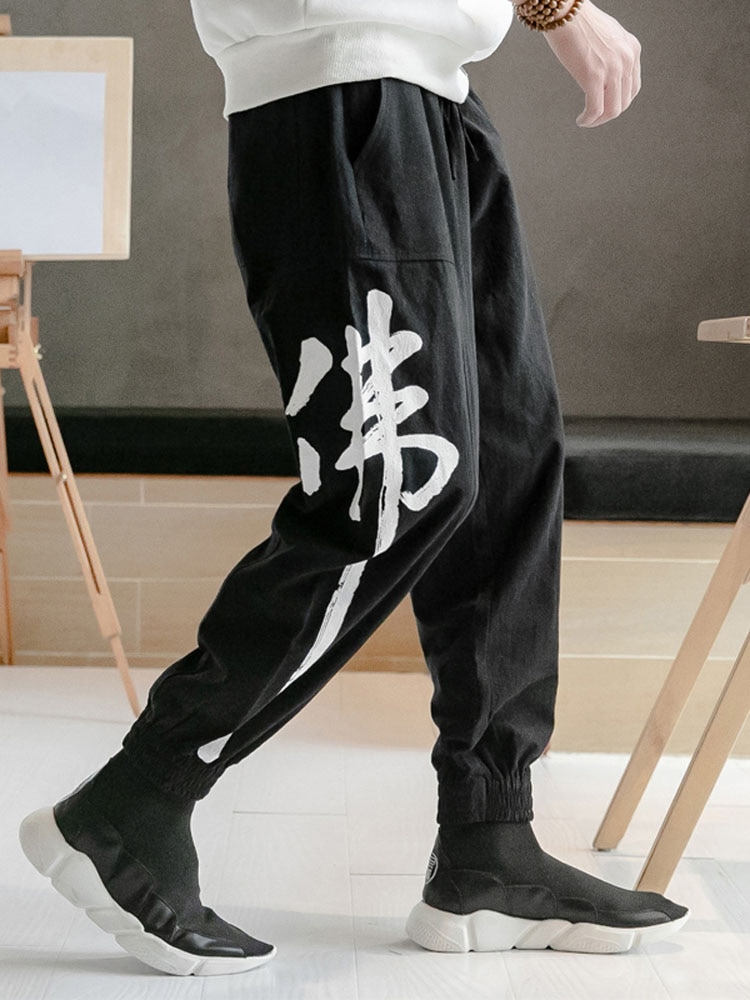 Japon Corée Style Coton Lin Kanji Monk Impression décontracté Harem Pantalons Taille Élastique En Vrac